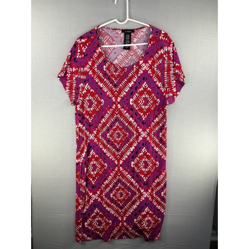 U-Knit Dress Women's XXL Red Purple Geometric Short Sleeve Casual